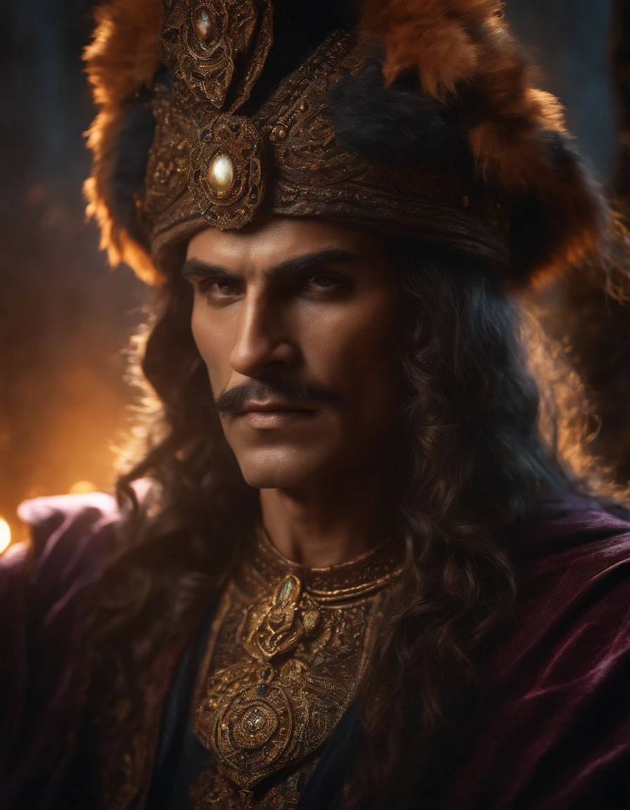 ultra realistic, 8k resolution sharp sophisticated colored picture of Mahlak, the supreme sorcerer of darkness, intense bright eyes, denoise, richly detailed in cinematic vision