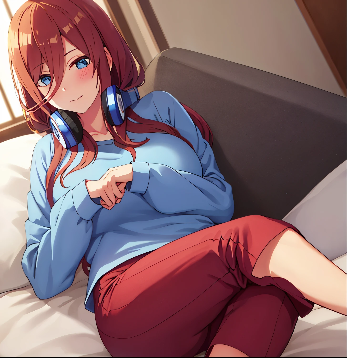 1girl, alone, miku nakano, long hair, bangs, blue eyes, brown hair, shirt, hair between eyes, masterpiece,best quality,highres,ultra-detailed,long hair,hair between eyes,large breasts,pajamas,shirt,blue shirt,long sleeves,pants,(blue pants:1.2),barefoot,indoors,bed,(on back:1.2),blush,big breasts, medium waist, wide hips, medium thighs, round butt,perfect hands, perfect anatomy