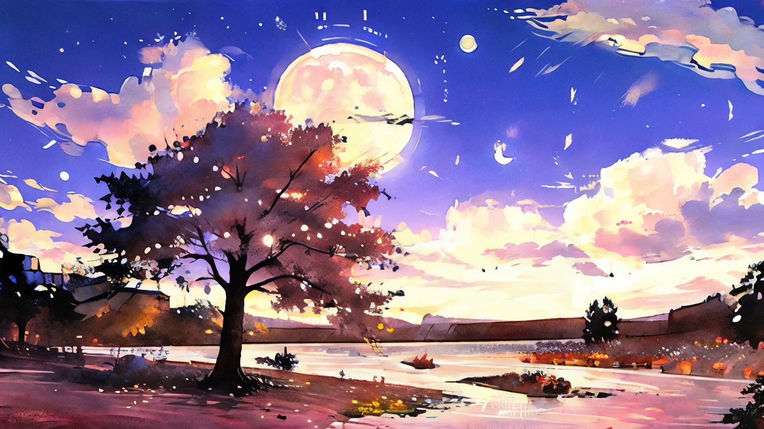 Weeping cherry、night、moon、Landscape painting
