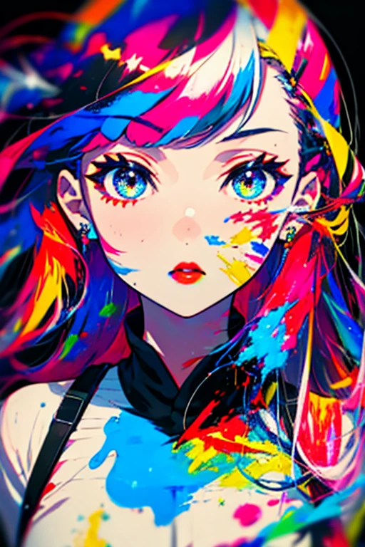 1girl,solo,cute,colorful,paint,face focus,perfect face,face is dirty for painting,brilliant eye,colorful eye,red lips,glorious