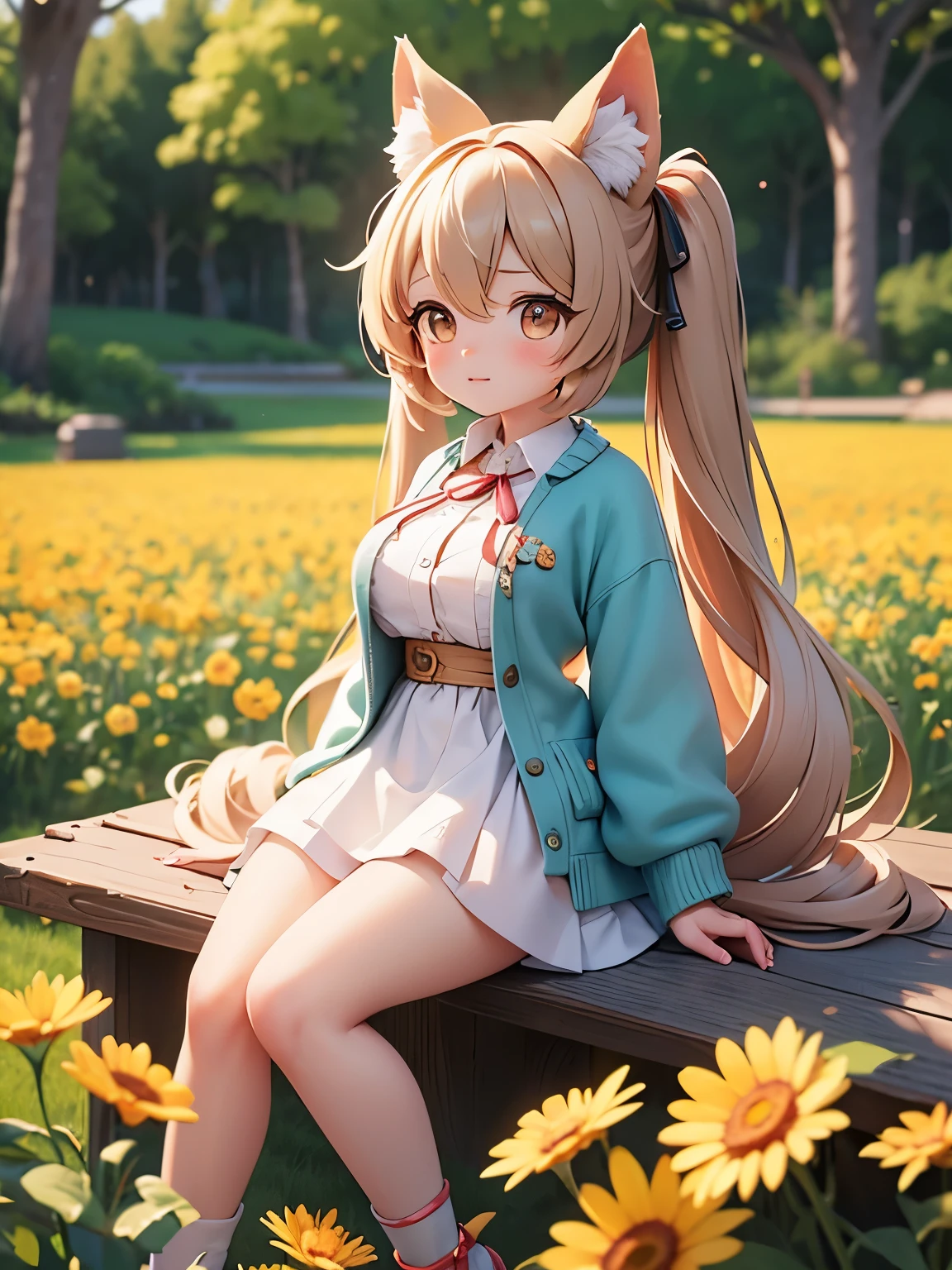 (masterpiece、highest quality、highest quality、Official Art、Beautiful and beautiful:1.2)、(One girl:1.3)Hatsune Miku、Twin tails,Big Breasts,Fox, (monster Girl), long brown ears with a dark brown inside,,,,,, Brown fur, Sunburned neck fluff, Brown fluffy tail with tan tip,,,,, Big brown eyes, Wear modest clothing, Sitting in a flower field, Tabletop, highest quality、autumn'ushroom