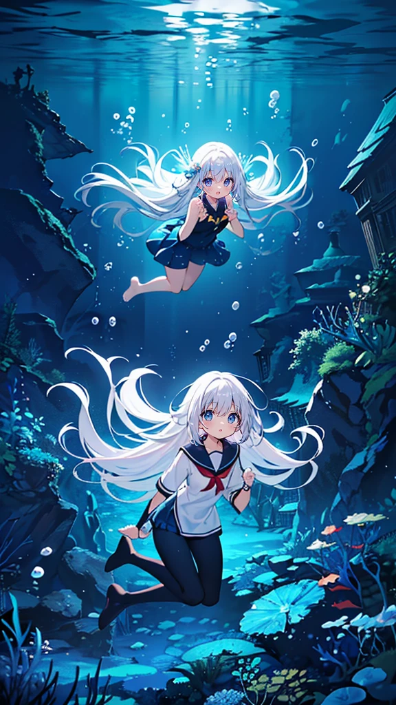 (Peace Fly), (highest quality), Very detailed, 1 girl, Personal full-body photo, Perfect Face, beautiful girl, Very detailed顔，(Long white hair:1.5)，(blue eyes:1.4)，(Flowing Hair:1.4)，(Underwater:1.4)，sink，school fishy，Light，jellyfish，Seaweed，Redfish，fishy，deep sea，Fantasy