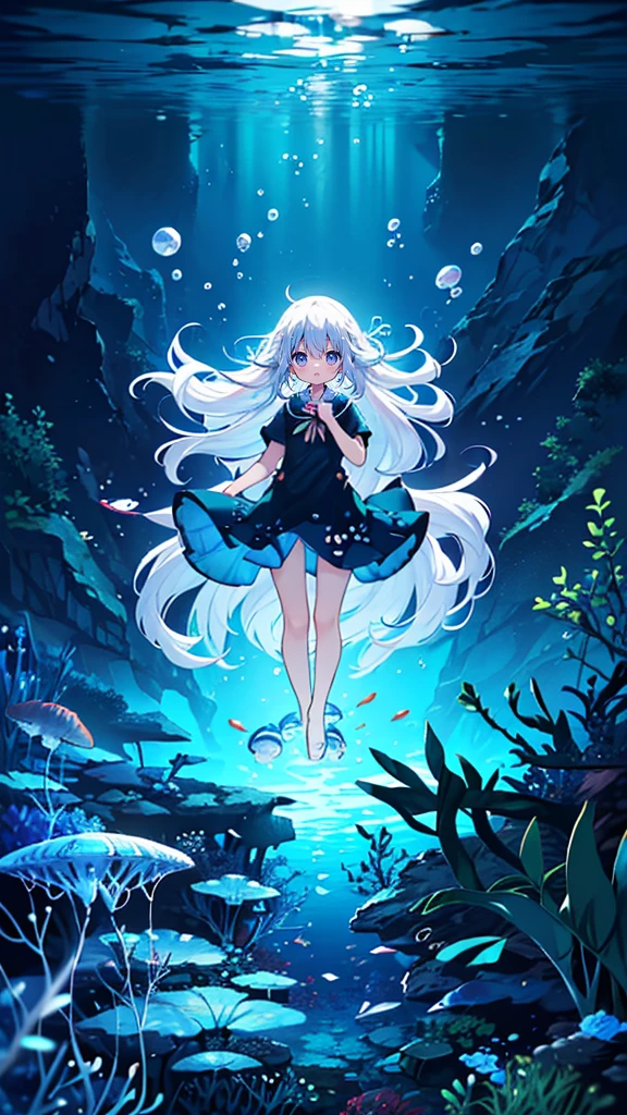 (Peace Fly), (highest quality), Very detailed, 1 girl, Personal full-body photo, Perfect Face, beautiful girl, Very detailed顔，(Long white hair:1.5)，(blue eyes:1.4)，(Flowing Hair:1.4)，(Underwater:1.4)，sink，school fishy，Light，jellyfish，Seaweed，Redfish，fishy，deep sea，Fantasy