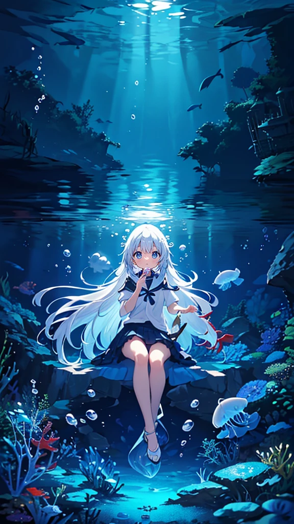 (Peace Fly), (highest quality), Very detailed, 1 girl, Personal full-body photo, Perfect Face, beautiful girl, Very detailed顔，(Long white hair:1.5)，(blue eyes:1.4)，(Flowing Hair:1.4)，(Underwater:1.4)，sink，school fishy，Light，jellyfish，Seaweed，Redfish，fishy，deep sea，Fantasy