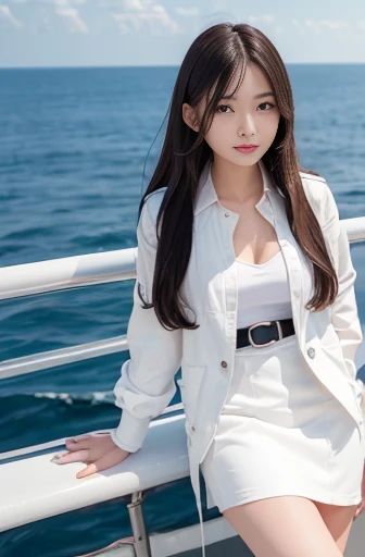 medium shot, medium shot, depth of fields, Upper body, Cinematic Angle, masutepiece, Best Quality, 8K, Pretty Face, Delicate eyes, maidennurse, Solo, long chestnut hair, Details of face,eyes are brown,  White shirt, Pink jacket,  over knee BOOTS, Yacht harbor, Reflection of the Sun