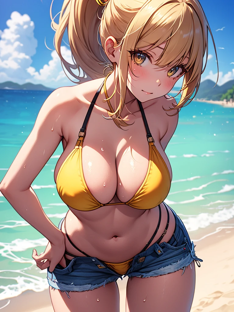 (highest quality, High resolution, perfect pixel, Depth of bounds written, 4K), (looking back), beach, detailed eyes, (1 lady), tall, (skinny body:1.2) , (thin thighs:1.2), (Narrow hips:1.2), large breasts, blond hair, (ponytail:1.2), (yellow bikini:1.2), (unbutton:1.3), (cross halter bikini), (rio cut pants), (panty strap:1.3), (standing), (leaning forward), (denim short panty pull:1.2), (clear face), sweat,