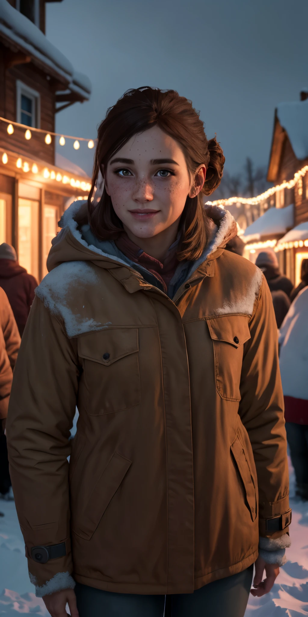 highres, masterpiece, perfect ligthing, bloom, cinematic lighting, adult, light rays, perfect skin, female, portrait, looking at viewer, face, (RSEEmma:1.5), small breasts, smile,freckles, brown hair, (3ll13tl02:1.2), wyoming, snow, coat, cold, wooden houses, wooden city, night, dark sky, street, colorful christmas lights, color lights, rainbow lights, crowd, post-apocalyptic,