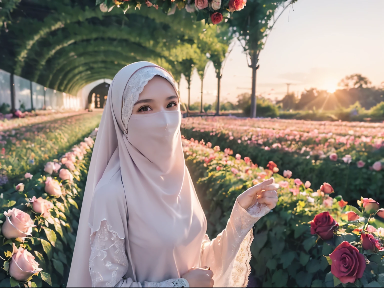 ((((Depth of field))),((((Sunset backlit),((Slim body)))),malay girl with very long white hijab, 20 years old, twilight rays, modest lace wedding dress, flower crown, (((Rose tunnel))), rose front blur, bokeh, photorealistic, surrounded by colorful roses, ((smiling)))))), (mouth closed)))),(1 malay girl in hijab), ( Sunset:1.3), (8k, RAW photography, best quality, masterpiece:1.2), (realistic, photorealistic:1.37), best quality, ultra high resolution,(standing in a flower garden:1.3), (vivid and colorful:1.3), bokeh, extreme close up shot, ultra detail, pastel color grading, use mouth veil