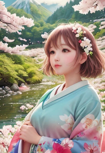 Girl in the forest with floating flowers, river, Puffy, Puffy cheeks, cute,
Vibrant colors, Colorful art style,
Soft lighting, Soft Shadows, Detailed Texture, Dynamic Lighting,
Nice hands, Perfect hands, Mount Fuji and cherry blossoms in the background