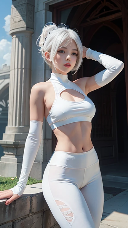 (a) white sports bra,white hair,white leggings,confident,babe,young,nier 2b, 2b, nier,vast blue sky,crown on head,red lips