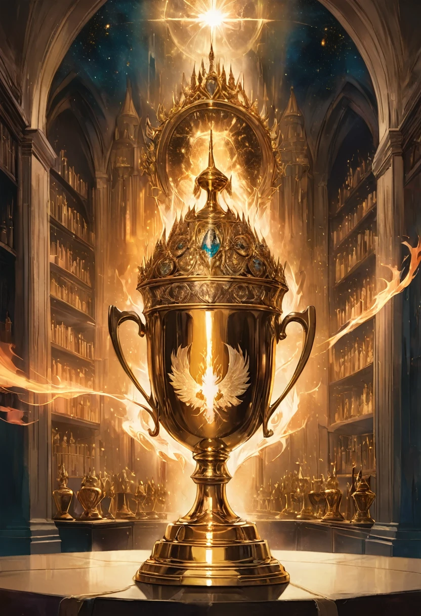 Golden Trophy, jinsixiangyun, traditional, gldnglry, breathtaking film still shot of "the mystical enchanting glowing triwizard tournament cup from Harry Potter and the Goblet of Fire" double exposure art photography, fantasy, vibrant, surrealism, hyperdetailed, hypermaximalist film still photography by Meg Chikhani, andree wallin, Ismail Inceoglu, Rlon, Jeremy Mann, Android Jones