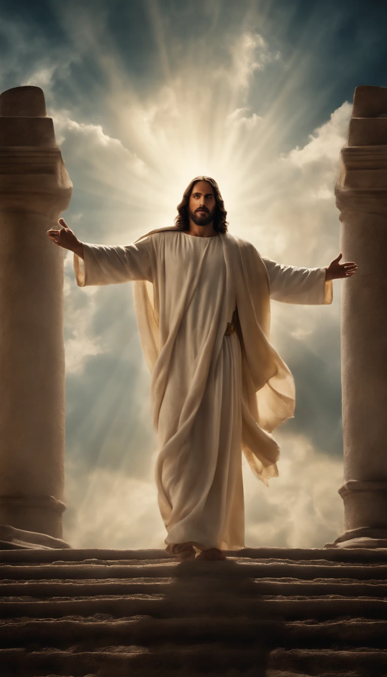 Jesus Cristo voando sobre as nuvens passando por Deus e seus anjos com armaduras Angelicais