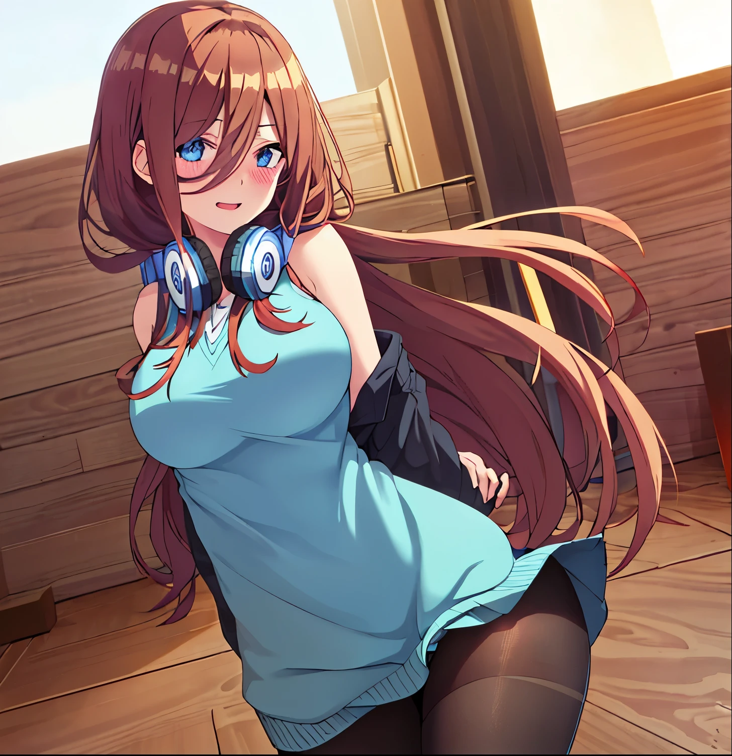 1girl, alone, miku nakano, blue eyes, brown hair, long hair, bangs, hair between eyes, large breasts, 
(headphone around neck),
(masterpiece,best quality,8k,beautiful and aesthetic:1.2),solid-best-physical-appearance-perfect::2,
cosplay,(HUGE BREASTS:1.3),wind,(floating hair:1.2),PERFECTEYES EYES,narrow_waist,slender,skinny,(dynamic_angle),(sexy posture),
full-face blush,blush,embarrassed,smile,open mouth,,
NAKANO MIKU,(BROWN HAIR),HAIR BETWEEN EYES,long hair,
(headphones around the neck),
(coat:1.1),long sleeves,(blue cardigan),sweater,sweater dress,black pantyhose/thighhighs,
(bare hands:1.3),(head_tilt),standing,(arm_at_side:0.5),(arm_behind_back:1.4),cowboy_shot,big breasts, medium waist, wide hips, medium thighs, round butt,looking at viewer, pov (from below),cowboy shot, dutch angle, perfect hands, perfect anatomy