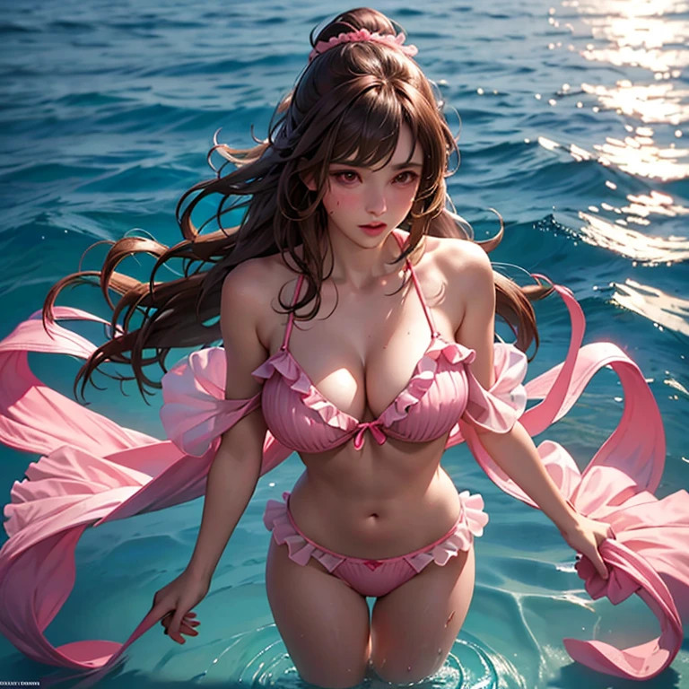 Girl, at the beach, wearing a frilly pink bikini, brown hair, pink eyes, very long frilly hair, standing, blushing, looking embarrassed, large breasts, feeble, cute, seductive, in the water, starting to take off bikini