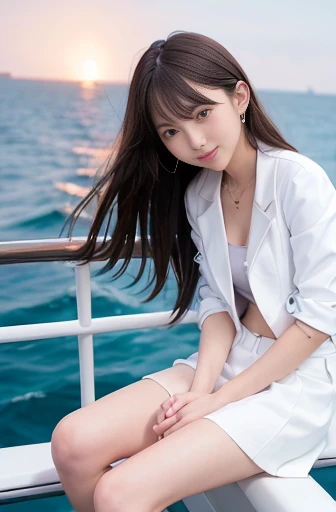 a lot of details, (slender waist), 30 years old, detailed black hair, beautiful detailed hair, super fucking beautiful, complex details beautiful and delicate eyes, perfect hands, (small breasts best quality), perfect and delicate limbs, detailed skin, best quality, ultra-detailed,
full body, Girls' Front, (leaning on the railing of a passenger ship:1.2), (rocket launch in the background:1.2),long hair blown up, light smile, whiteshirt, white skirt, high heels, open jacket, white Clothes, ocean,
