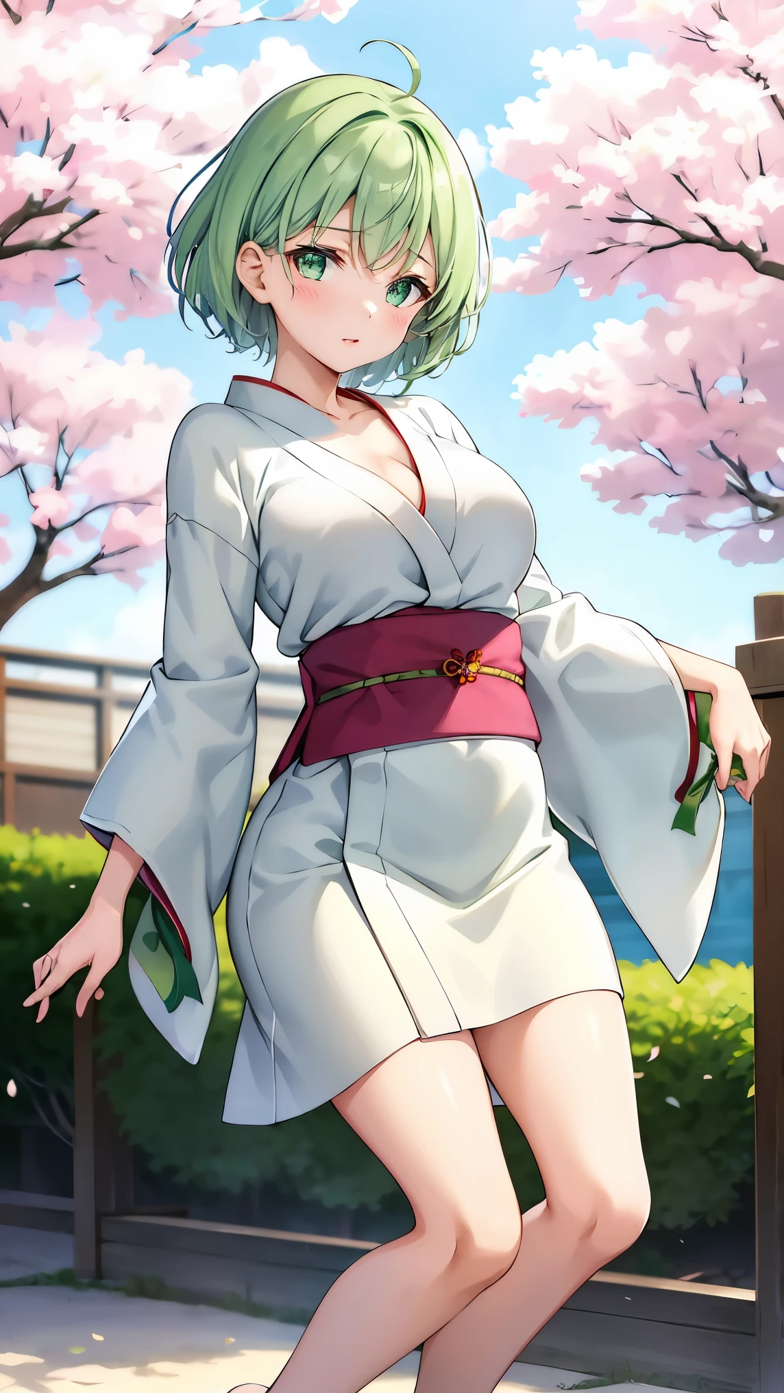 Girl with short green hair, Small breasts, Green Eyes, White Casual Beauty Special、(((tits))),Full body photo from head to toe、Kimono、Patterned Japanese clothing、Cherry tree in full bloom、Fluttering petals、Dance、Dancer、Dancing on stage、