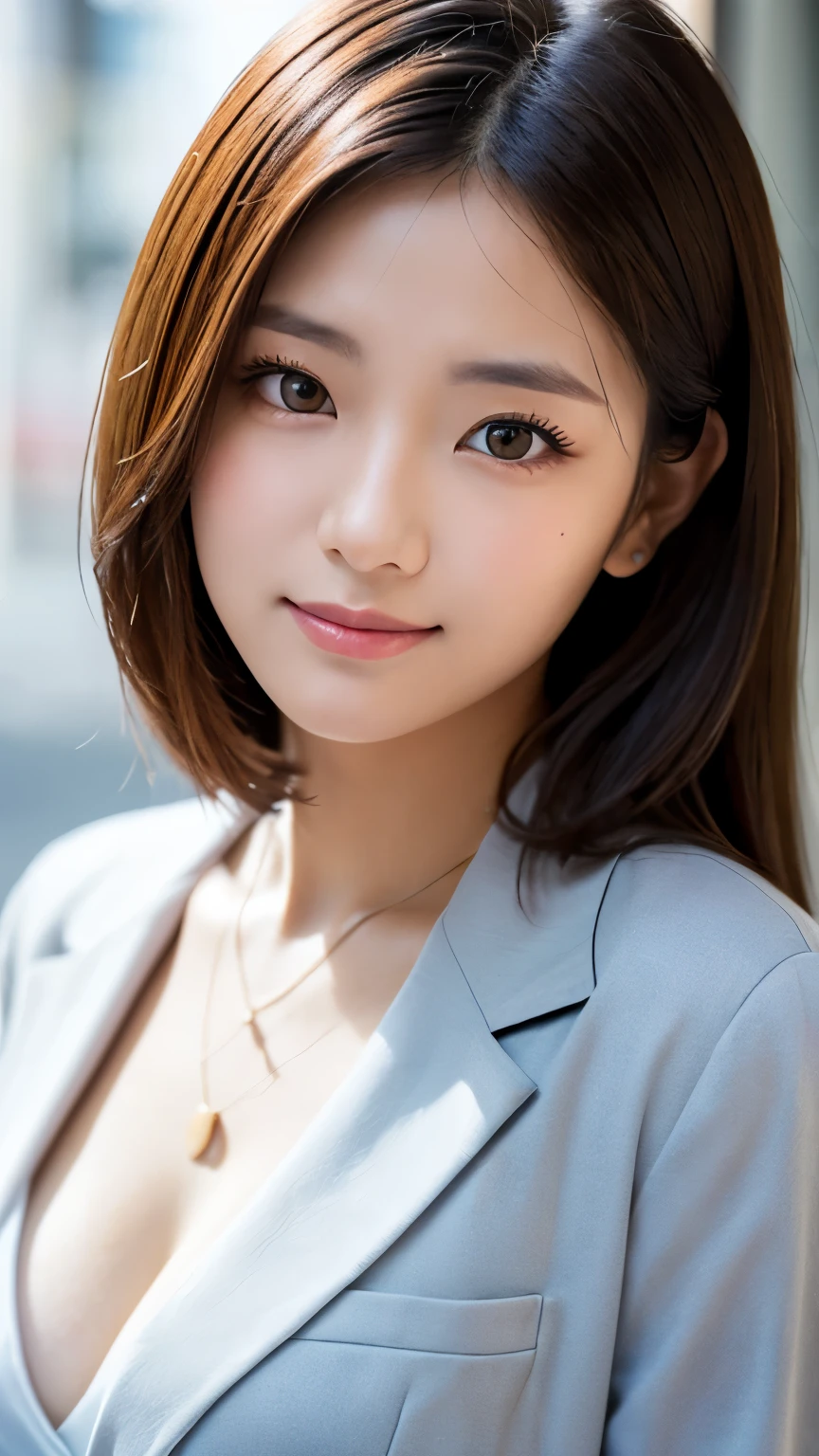 (highest quality、Ultra-realistic as a photo)、Sharp focus, 超High resolutionの顔、(masterpiece)、Very fine finish、(High resolution、8k:1.3)、The face is in focus、Ultra high definition and beautiful eyes、Eyes are symmetrical:1.3、I stare at you with concentrated eyes、High quality and natural skin、Ultra HD Hair Texture、(Face close-up:1.3)、Japanese women、20-year-old、OL, (Shortcuts)、suit, White Business Shirt、medium breast, Natural light、(Multiple poses:1.3)、Half Up:1.3, very cute、very cute、Light Makeup, Glossy Lips、),  Anxious expression、blush, (Embarrassing)、Thin Necklace、(Looking into the camera:1.3)、color々Photo from an oblique angle、depressed:1.3, small smile