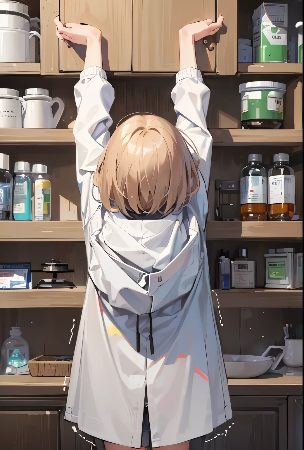 Girl, short, small, white coat, high medicine cabinet, stretching, hands stretched over head, trembling, composition seen from behind, She is trying to get something on the shelf but she is too short to reach it.