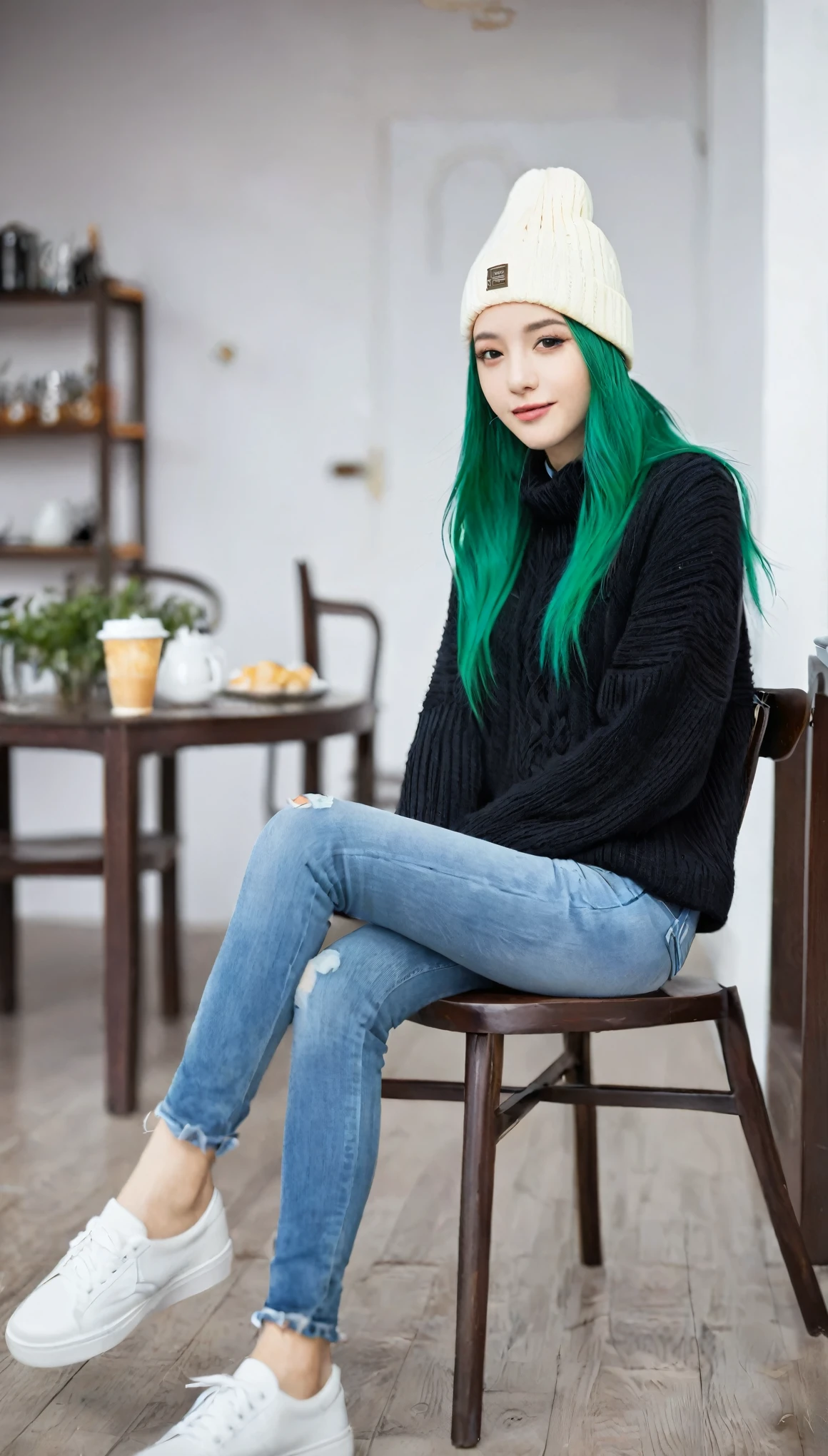 1 Girl, Solitary, cafes, Green Hair, Beanie, sweater, jeans, sit on the chair, Dynamic poses, indoors,