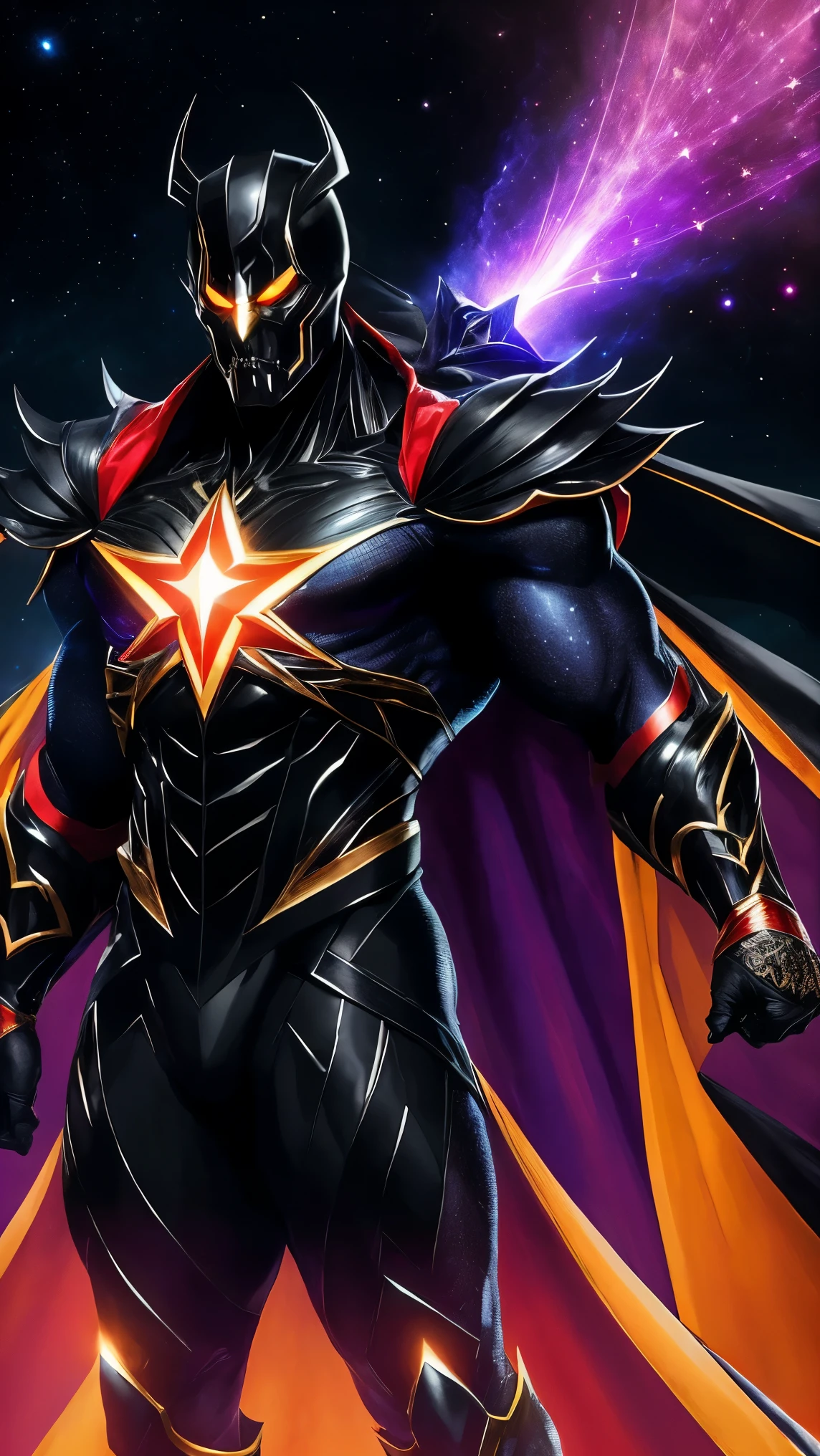 "sinister and all-powerful cosmic supervillain emanating darkness, adorned in gleaming armor adorned with sparkling multicolored gems"