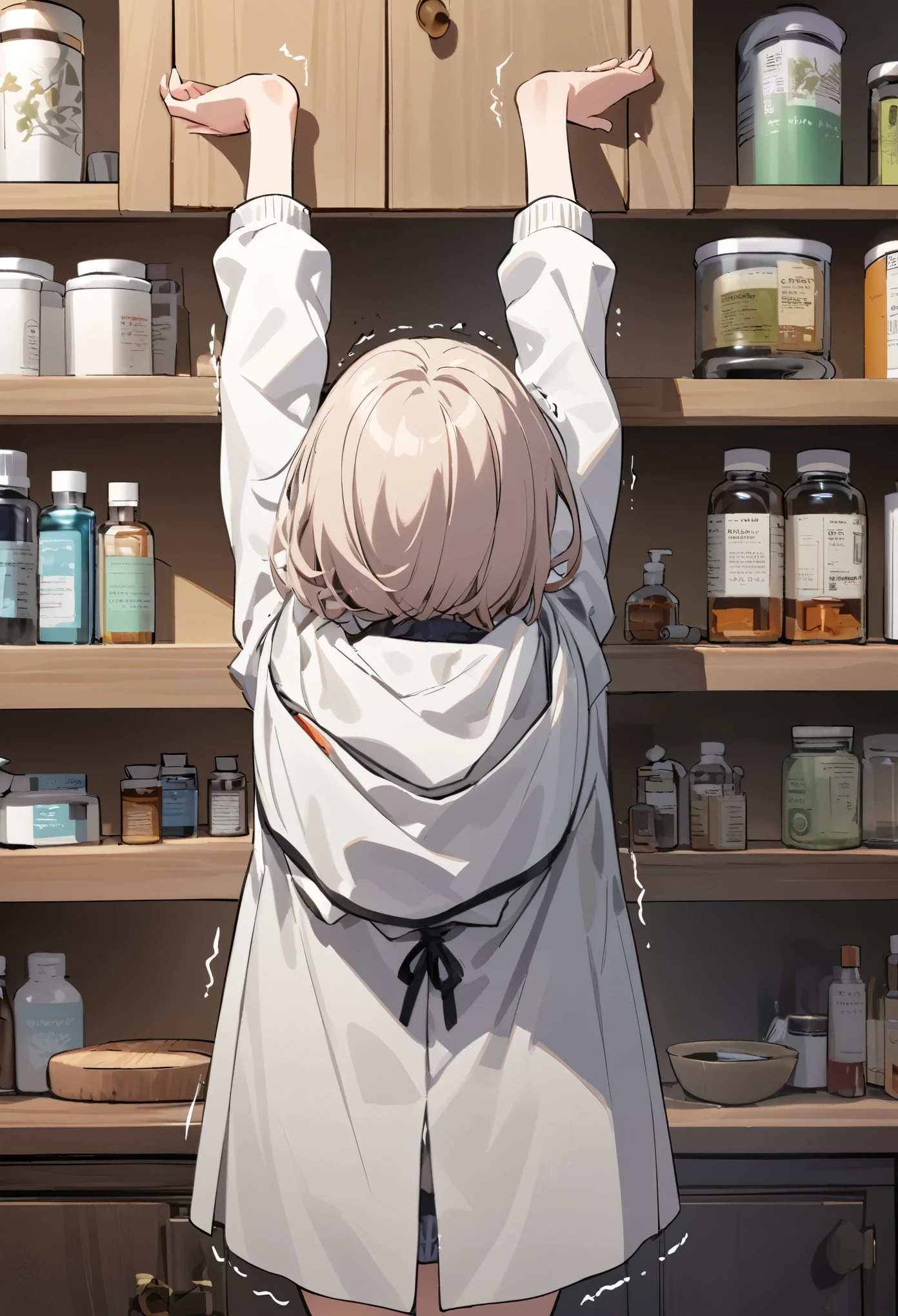 Girl, short, small, white coat, high medicine cabinet, stretching, hands stretched over head, trembling, composition seen from behind, She is trying to get something on the shelf but she is too short to reach it.