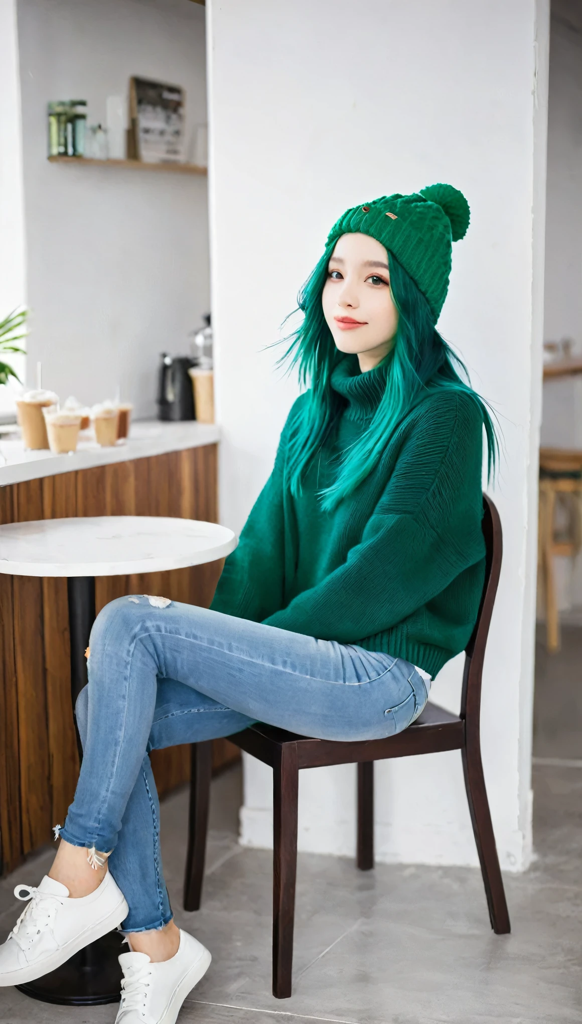 1 Girl, Solitary, cafes, Green Hair, Beanie, sweater, jeans, sit on the chair, Dynamic poses, indoors, 