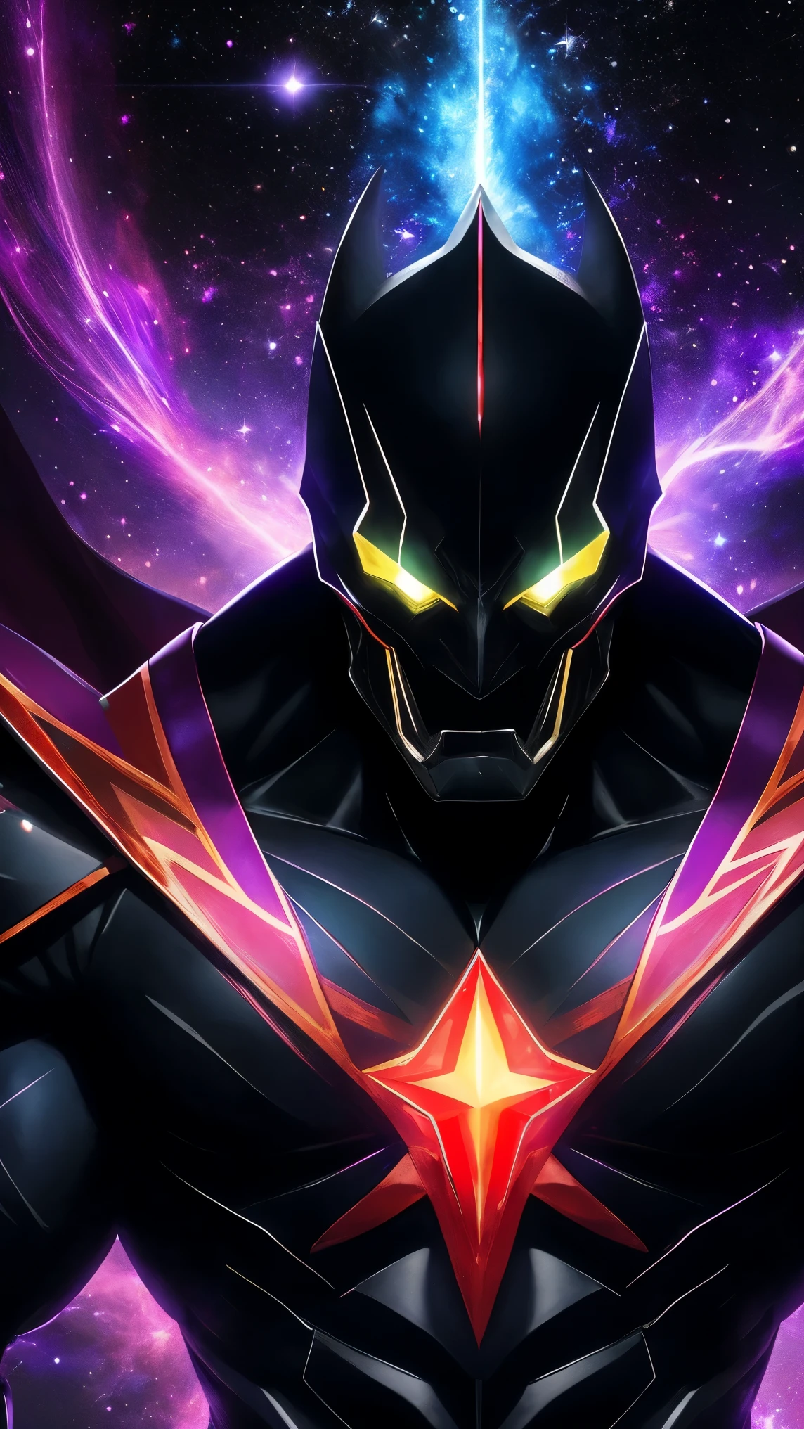 "sinister and all-powerful cosmic supervillain emanating darkness, adorned in gleaming armor adorned with sparkling multicolored gems"