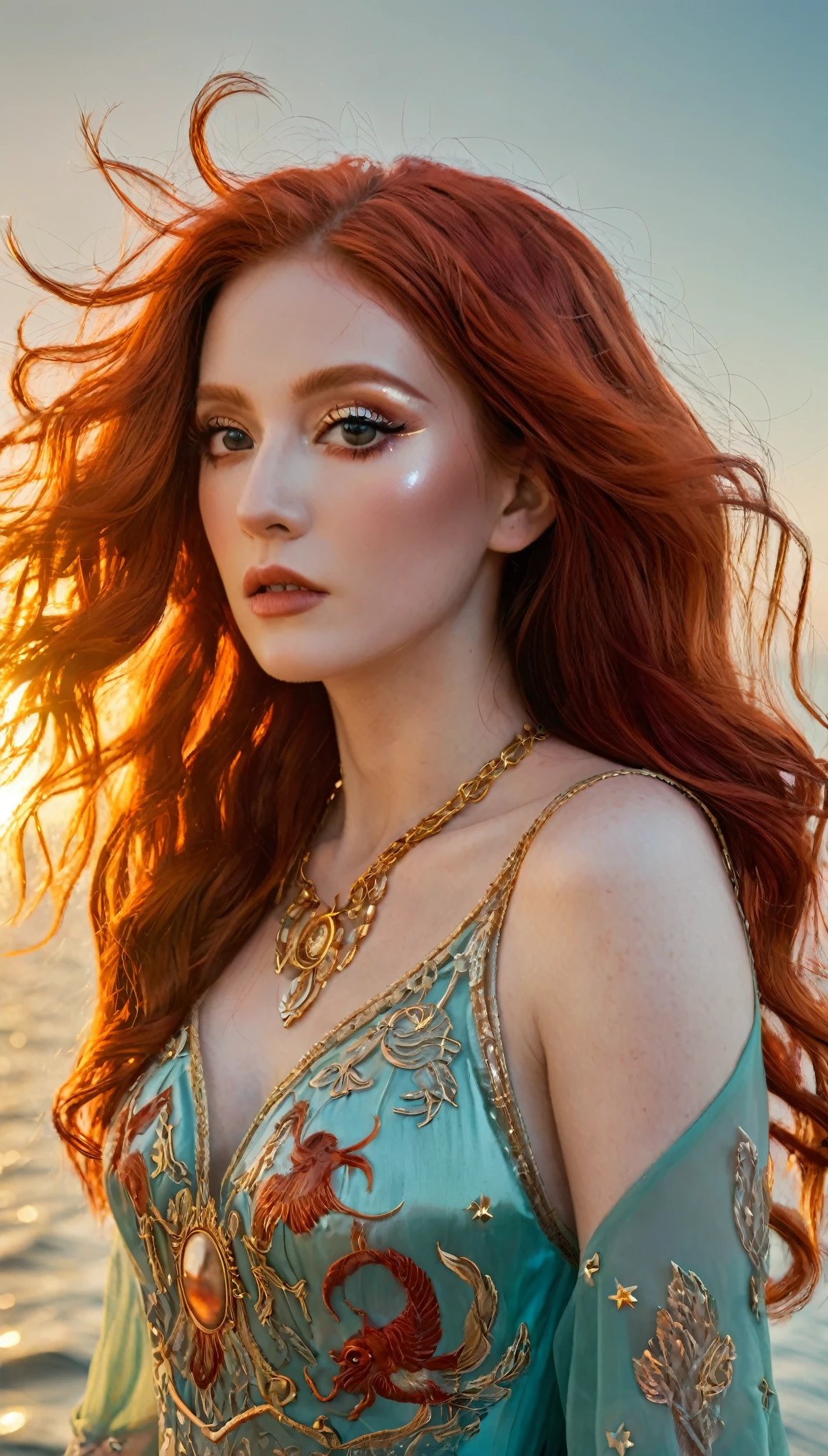 a beautiful young woman with huge long red hair , batom rosa pink , intense violet purple eyes, in a bequini on the beach, a beautiful blue mart