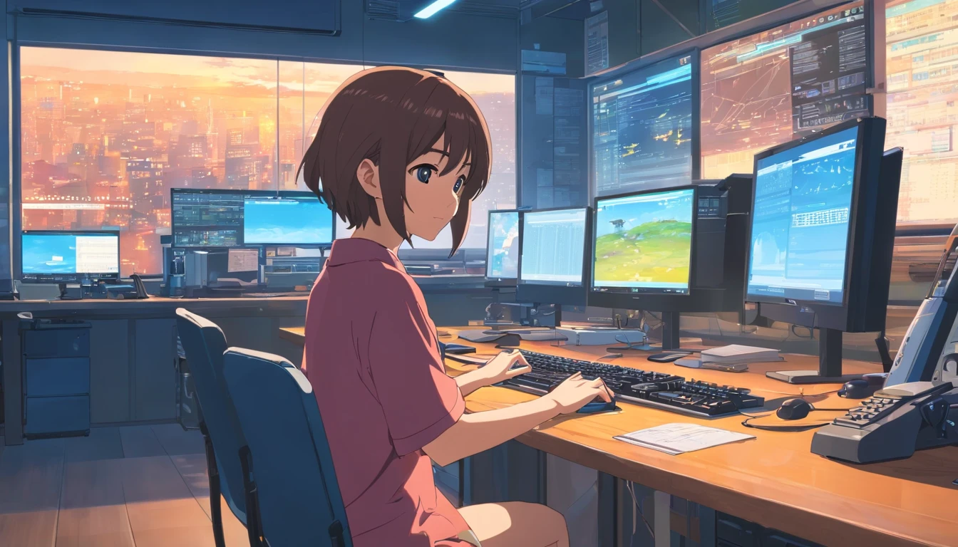 A young female programmer、In front of a display and keyboard in a room、The scene of system development、Please write in Japanese anime style.。