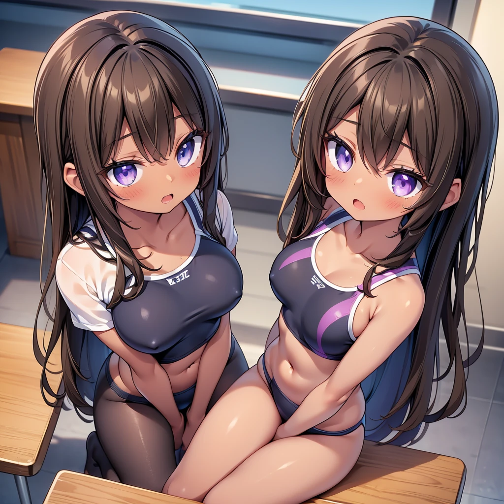 (cute eyes:1.2), (sparkling eyes:1.2), (8K、Best image quality、highest quality、masterpiece)、Detailed face、(2 girls, ((Brown Skin:1.3)))、Improve、(Black Hair, Purple Eyes, long hair)、(open mouth), (embarrassed), (skinny body:1.3),(small breasts), (competition swimsuit:1.1), (crop top navel), Sit on a chair, Classroom Background, (black stockings:1.1), (Thighs:1.1), (Waistline:1.1),(close-up shot of bust), (from above:1.2)