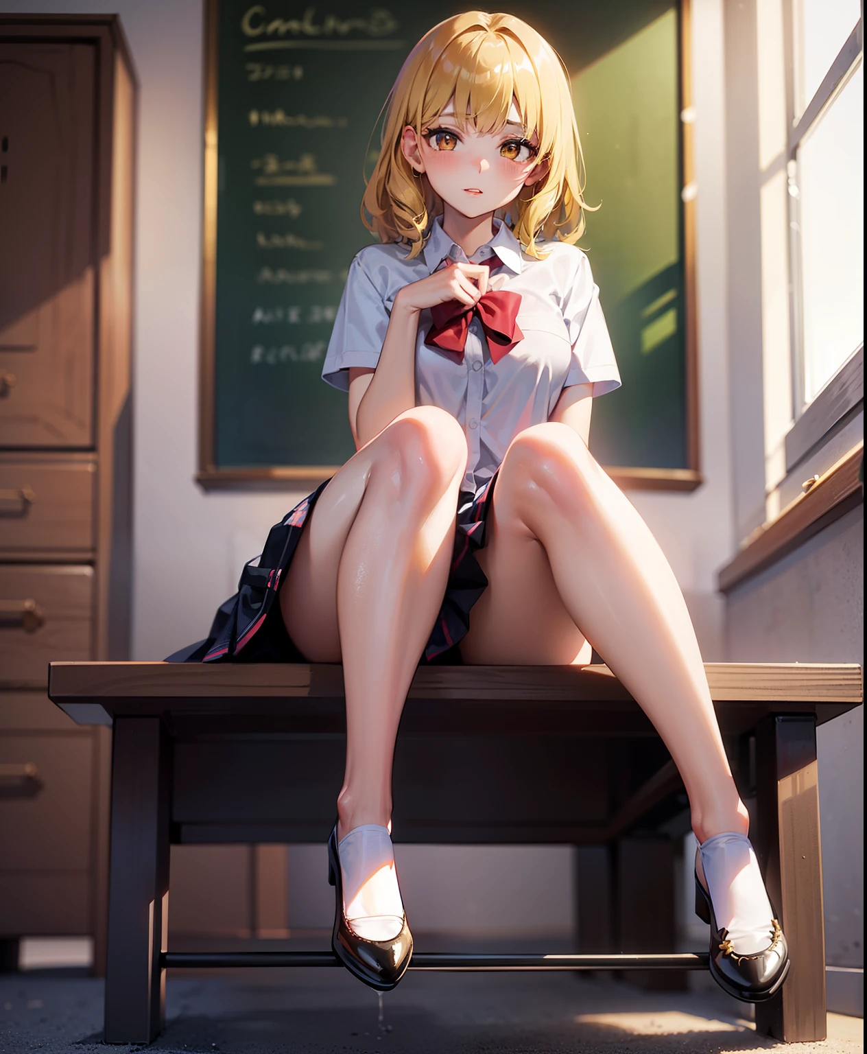 Dynamic posing, dynamic angle, Arrange pose,Top quality work,Show Legs,((short wavy Creamy Golden Blonde hair)),(Creamy Blonde hair),(short hair),(wavy hair),(golden eyes), ( ), lovely red lips, Rose cheeks, Pretty Face, A perfectly proportioned face, school shirt with red bow and black skirt, (school uniform), white stockings,in classroom,full-body view, amazing, Large round chest、Beautiful eye details、Beautiful eyelashes、beautiful double eyelid, with blush cheeks, talking to viewer, anime vtuber full body model, casual real life