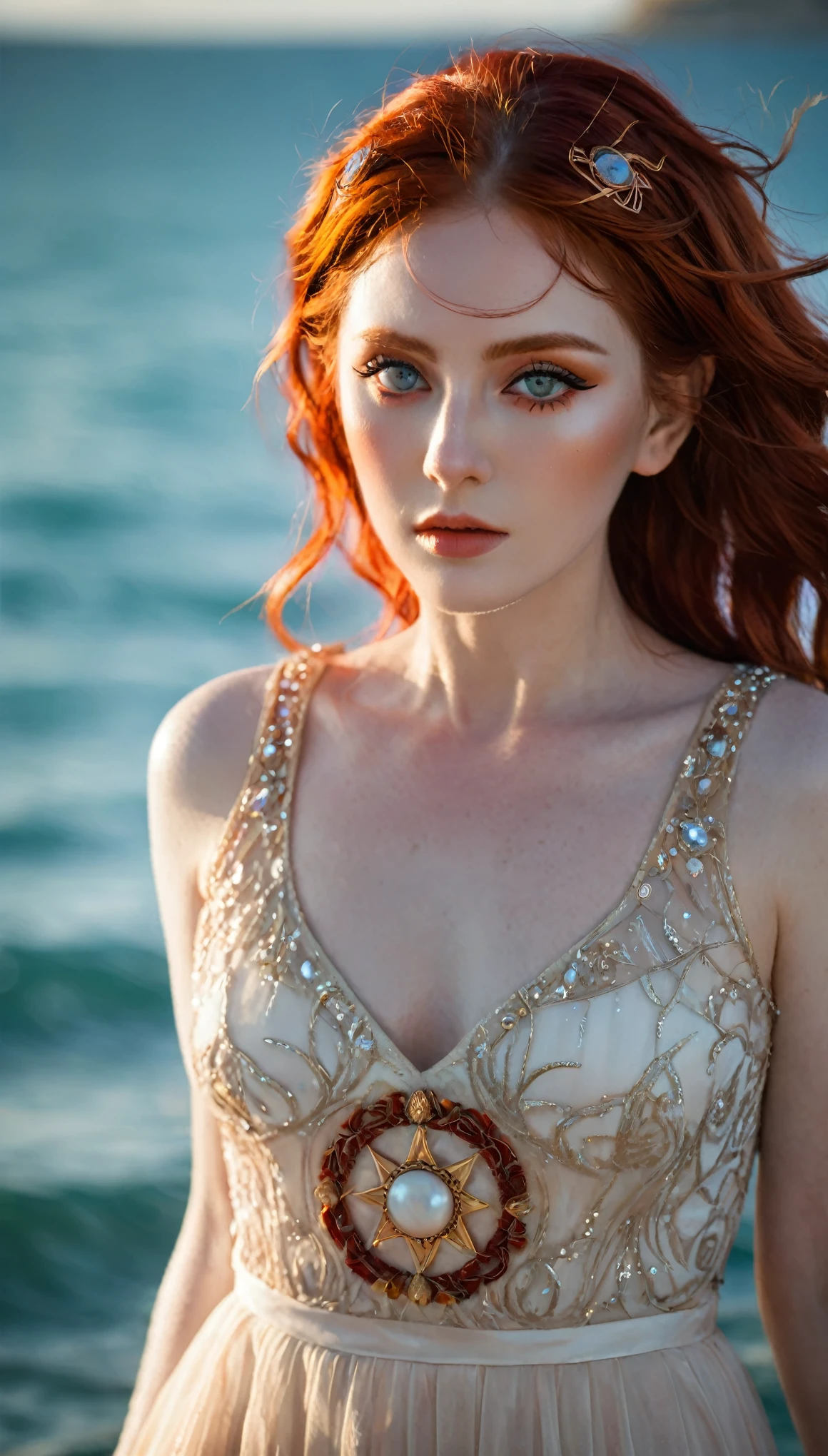 ( high quality , Extremely detailed ) ( Careful hands ) Zodiac sign- Aries goddess , similar to latin goodness , brave ,capricious ,Efficient ,The face of enterprising and humanitarianism . Moody, impetuous, impatient, Confident style . Sunset red hair , Sheer dress , In the ocean under the sun , whole body , crystal fire eyes ( Eyes Details ) . Powerful Makeup . Fire Goddess .