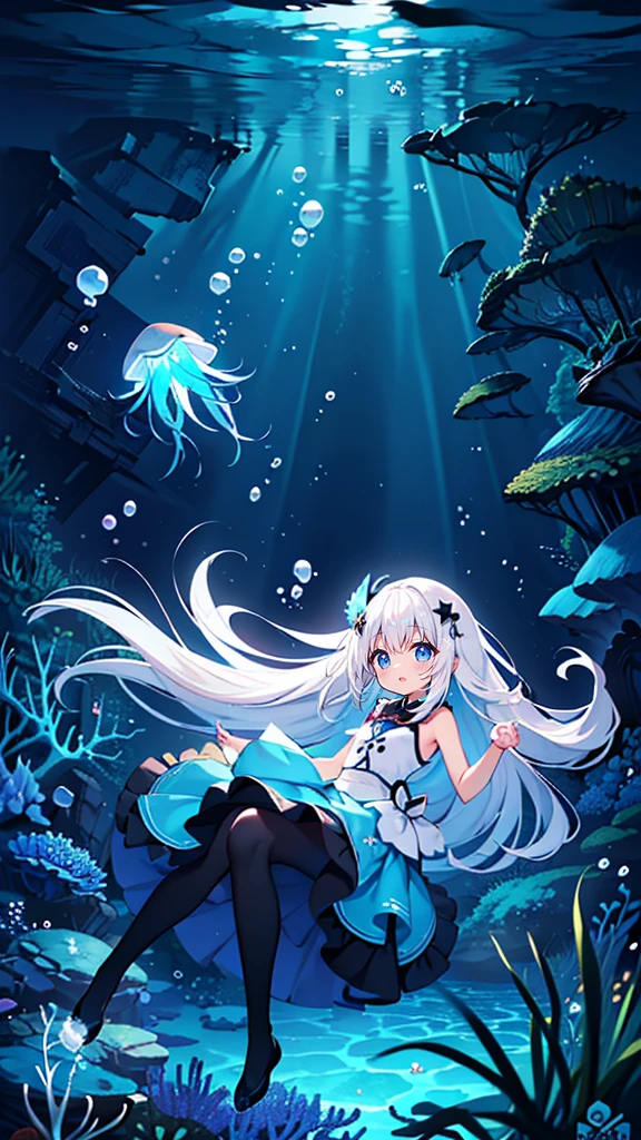 (Peace Fly), (highest quality), Very detailed, 1 girl, Personal full-body photo, Perfect Face, beautiful girl, Very detailed顔，(Long white hair:1.5)，(blue eyes:1.4)，(Flowing Hair:1.4)，(Underwater:1.4)，sink，school fishy，Light，jellyfish，Seaweed，Redfish，fishy，deep sea，Fantasy