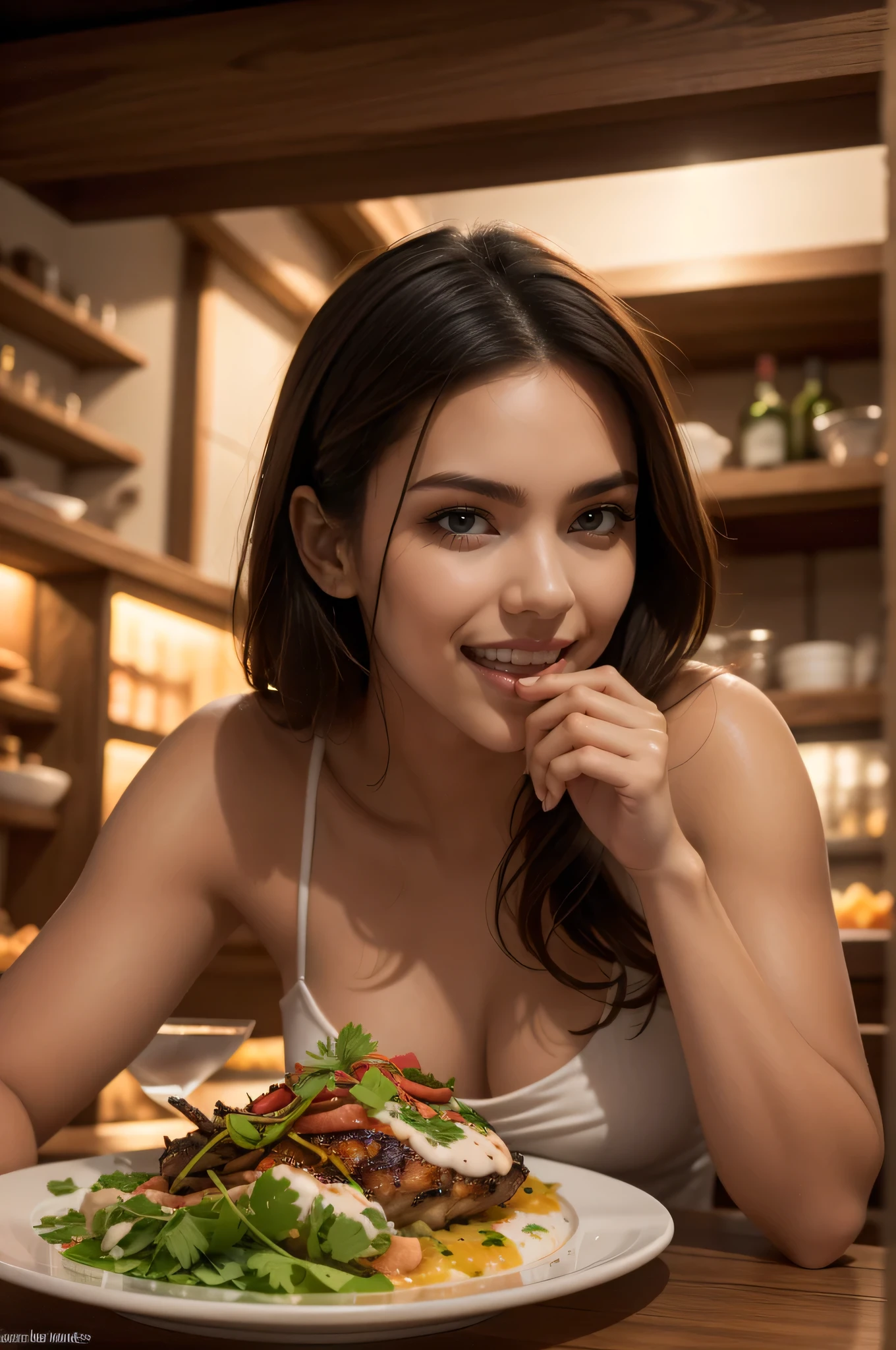 (best quality,4k,8k,highres,masterpiece:1.2),ultra-detailed,(realistic,photorealistic,photo-realistic:1.37), a wild woman, passionately biting into a roasted bird, savoring the flavors, looking deliciously satisfied with a smile on her face. She is enjoying the meal with a glass of red wine. The dish on her plate is piled high with a mouthwatering mountain of food. The atmosphere is vibrant and the lighting is warm and inviting.