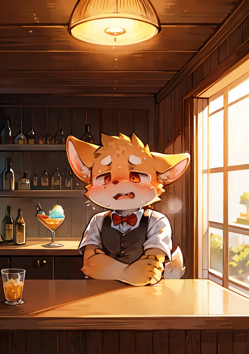 Big teary eyes,Warm island atmosphere,Corgi waiter with softer details and shadows:1.1),Large glass of iced lemonade,inside the Spanish Bar. Spanish Bar,There is a wooden counter on the left, There'There'There'There'There's an open door behind, And outside your door is a Spanish island々The scenery is spread out.(Spanish Island Style:1.1),alone, cannon, ,(In a Spanish bar:1.1),(Sexy waiter:1.1),(male,maleの子,, doll),Holding the tray with one hand,Glasses of lemonade and orange jelly on a tray. masterpiece, highest quality, Perfect Anatomy, , author:Milk Tiger 1145, author:Englishman,Chubby,Overweight,Chubby肚子,Charm,suit,White pants,Red eyes