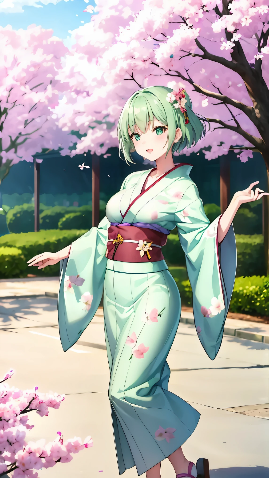 Girl with short green hair, Small breasts, Green Eyes, White Casual Beauty Special、(((tits))),Full body photo from head to toe、Kimono、Patterned Japanese clothing、Cherry tree in full bloom、Fluttering petals、Dance、Dancer、Dancing on stage、