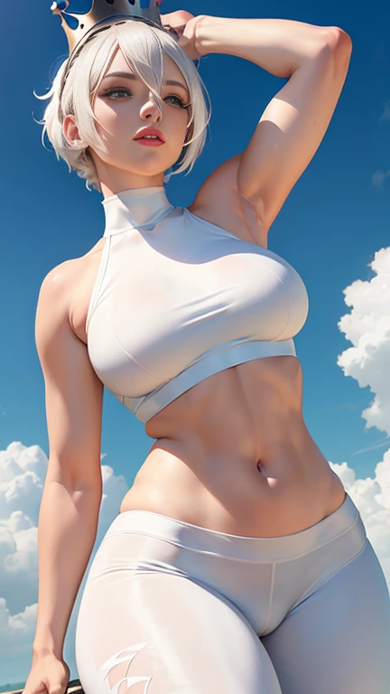 (a) white sports bra,white hair,hair between eyes,white leggings,confident,babe,young,nier 2b, 2b, nier,vast blue sky,crown on head,red lips,white background,thick thighs