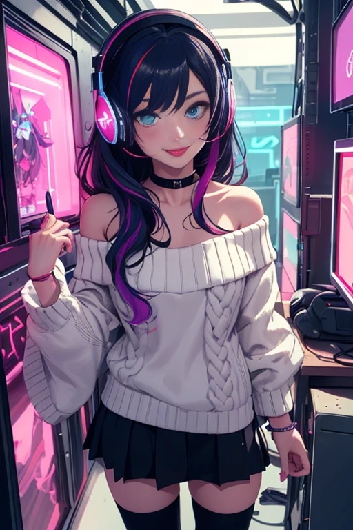 ((best quality)), ((masterpiece)), (detailed), perfect face, female, gamer girl, aqua eyes, cherry-red lips, light smile, long black hair, purple streaks, wearing headphones, bangs, ribbon, choker, bracelet, sleeves past fingers, black off-shoulder sweater, white skirt, thigh-highs, gamer girl's bedroom, nighttime, neon lights, colorful lights