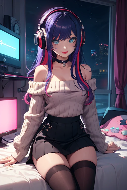 ((best quality)), ((masterpiece)), ((detailed eyes and face)), perfect face, female, gamer girl, aqua eyes, cherry-red lips, light smile, long black hair, purple streaks, wearing headphones, bangs, ribbon, choker, bracelet, nerdy glasses, sleeves past fingers, black off-shoulder sweater, skirt, large breasts, gamer girl's bedroom, nighttime, neon lights, colorful lights, she is on four limbs on the ground