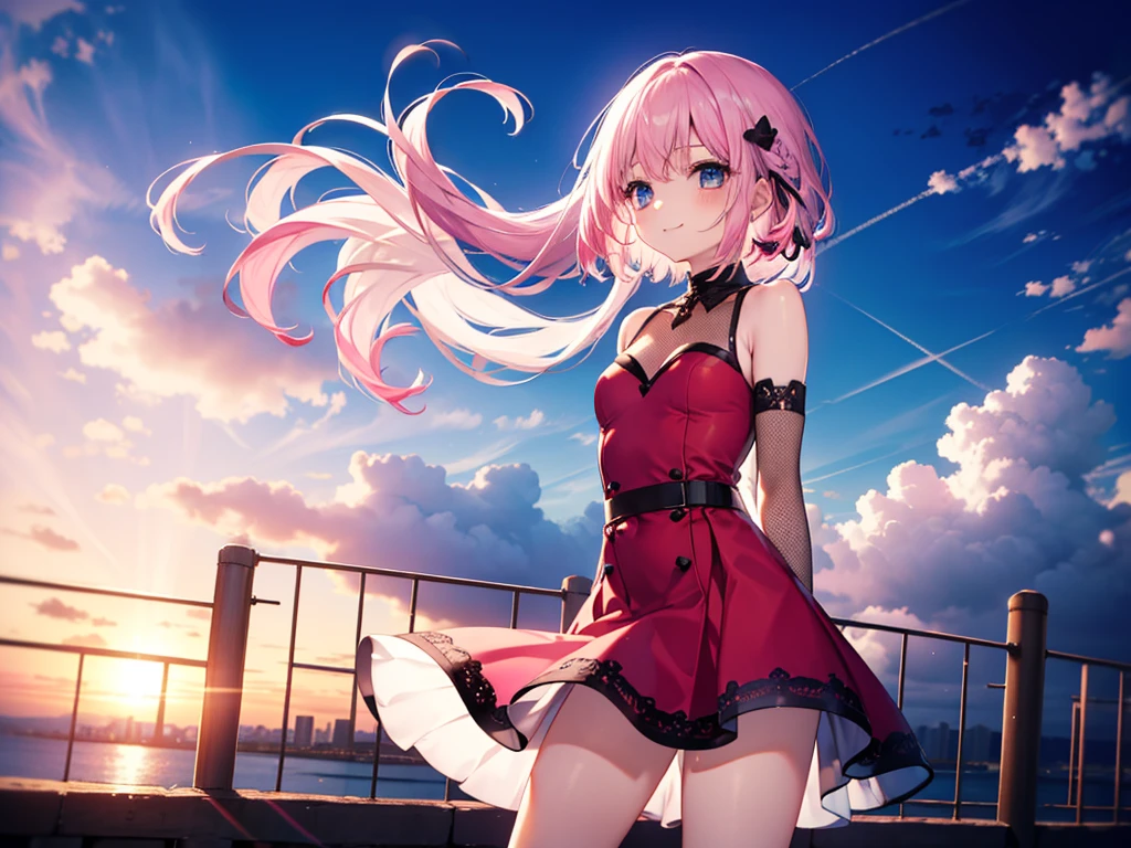 Red Dress, blue eyes, Beautiful details、 Shining Eyes, (((Brown and pink mesh hair)))、(((One Girl))),Multicolored Hair、Inner Color、28歳woman、Shortcuts、1 girl、Big smile、Beautiful sky、8K background、Medium Chest、whole body、woman、((((Place your arms behind your back)))),No sleeve、(((Black Knee High)))、Beautiful background