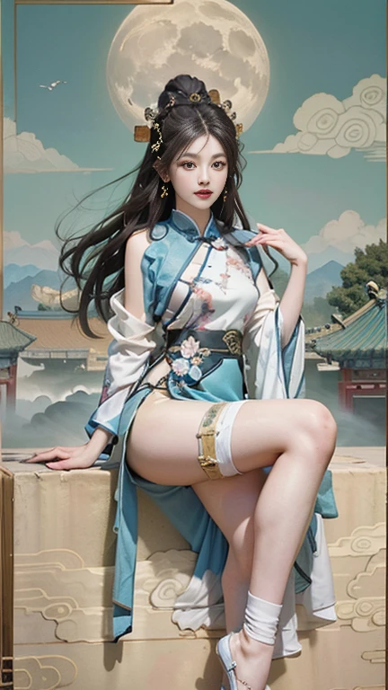 (masterpiece, top quality, best quality, official art, beauty:1.2),(最詳細清晰的contour和五官:2.0,contour:2.0) (1 Chinese Goddess:1.5), Very detailed,(Dunhuang艺术:1.1),(Dunhuang,Colorful:1.1)(Flowers:1.3),Most detailed,(Zentangle:1.2), (Dynamic flight attitude,Foot on white clouds,Show your thighs:1.5), (Blue sky, White clouds and bright moon background:1.3), (Chinese embroidered Hanfu:1.2), (Glowing skin,pubic:1.2), (Many colors:1.4), ,(earrings:1.4),