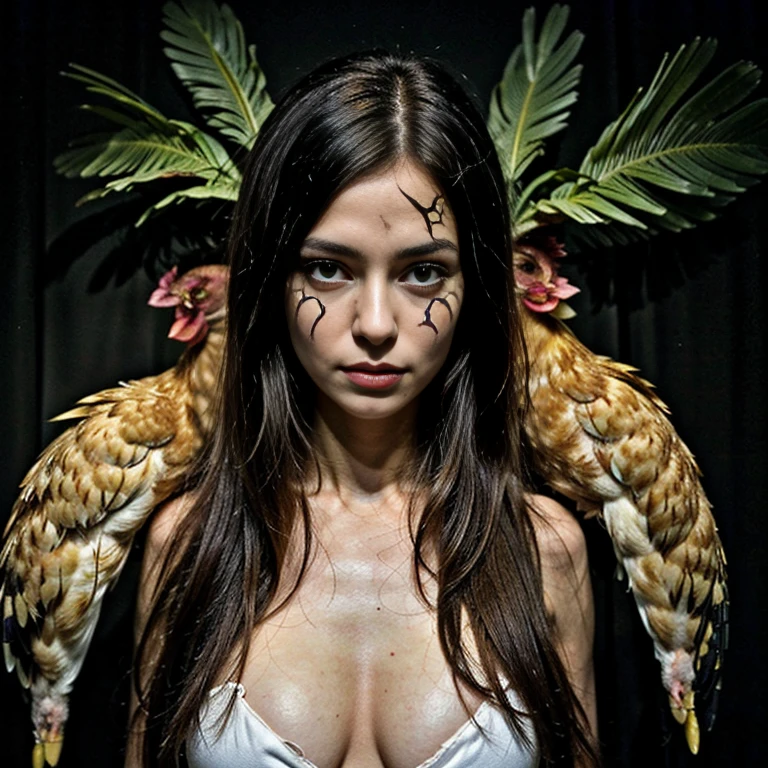 (certain quality、High resolution)、Beastman、Human-chicken hybrid creature、((A bird with a human face and a chicken body:1.7))、(A hybrid creature with the face of a young, incredibly beautiful woman and the body of a chicken)、Spooky atmosphere、Horror Theme、Animal instincts、Detailed hair and kimono、Dim lighting、Sharp Eye、Sharp toenails、Strange Features、Unnatural poses、Dark and spooky background、Uncanny Valley 、Surrealism、Nightmare image、Mythical creatures、Disturbing expressions、Shadowy atmosphere、Evil atmosphere、nightmare-like appearance、Feathers and scales、Otherworldly Beings、Hybrid Anatomy、Mysterious Aura、Creepy Presence、Exaggerated features、Distorted body、Distorted proportions、Demonic nature、 Dystopian setting、Puzzling symbols and signysterious story,full body,cr1r3、bird