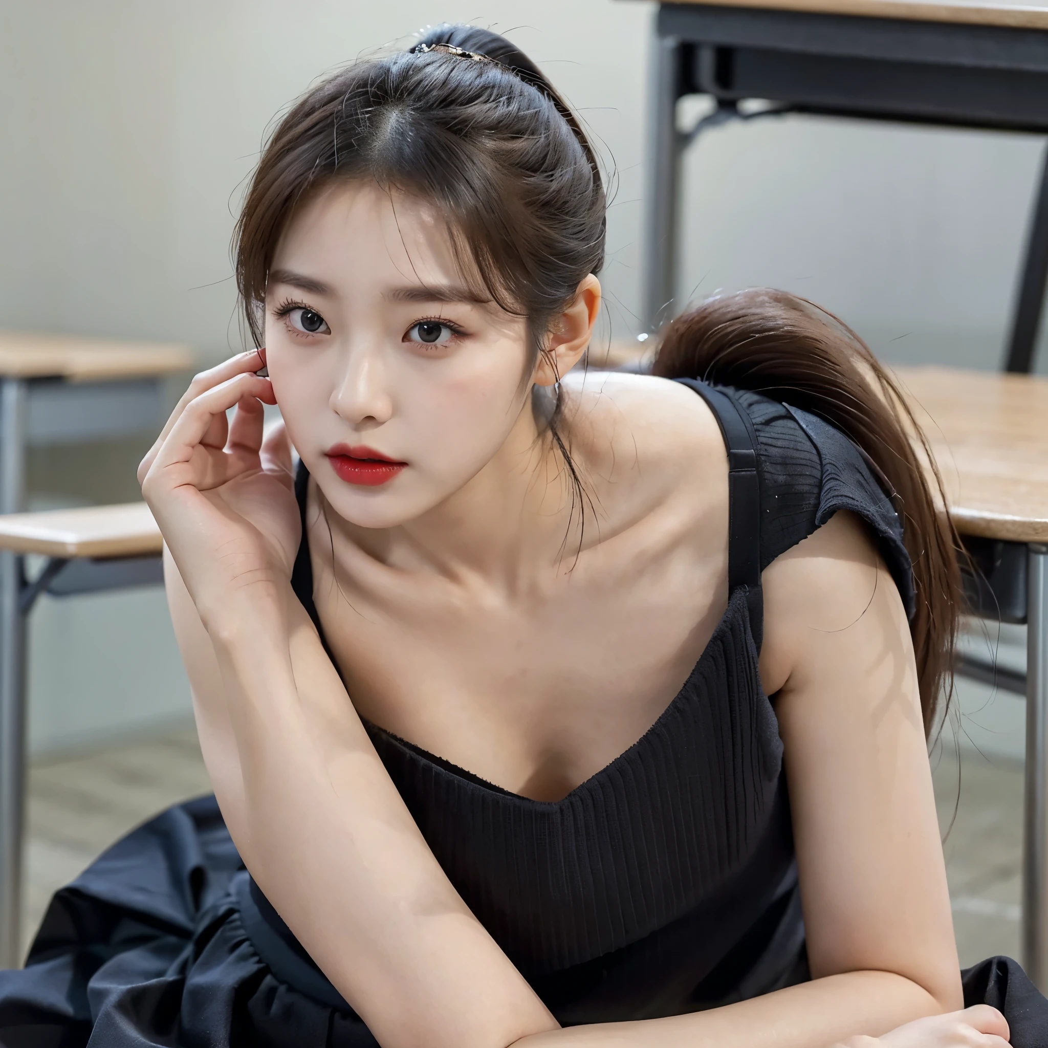 A Stunning South Korean Woman:
1.2 (Sharp jawline and apple face shape)
1.6 (Threaded eyebrows and red lipstick)
1.3 (Ponytail)
1.4 (Athletic body)
1.6 (Wearing a black skirt)
1.6 (Modelling pose)
1.4 (Realistic)
8K (Super high resolution)
Raw photo
1.1 (Black, seductive eyes)
1.1 (Defined high cheekbones)
1.3 (Slight lean forward)
1.6 (Skirt slightly lifted)
1.1 (School classroom background)
In a