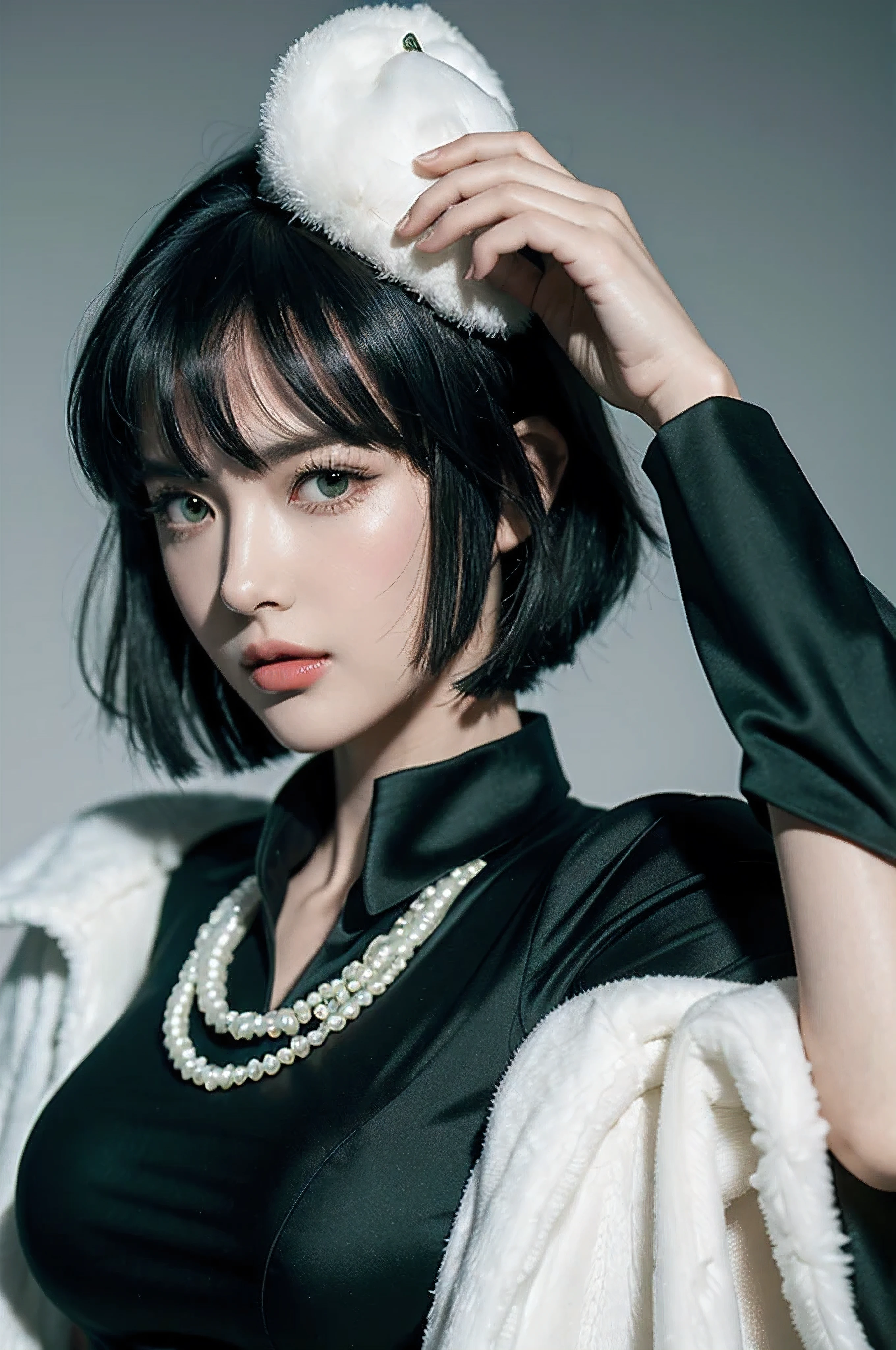 fubuki,,fubuki (One Punch Man),1 girl,big breasts、Green Long Dress,collar、long sleeve、pearl necklace、Beauty、long sleeve、collar、beautiful woman、beautiful face