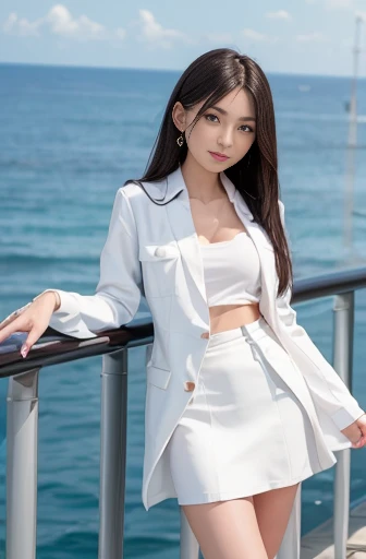 a lot of details, (slender waist), 30 years old, detailed black hair, beautiful detailed hair, super fucking beautiful, complex details beautiful and delicate eyes, perfect hands, (small breasts best quality), perfect and delicate limbs, detailed skin, best quality, ultra-detailed,(rocket:1.2),(A rocket is being launched in the background:1.2),
full body, Girls' Front, (leaning on the railing of a passenger ship:1.2), long hair blown up, light smile, whiteshirt, white skirt, high heels, open jacket, white Clothes, ocean,