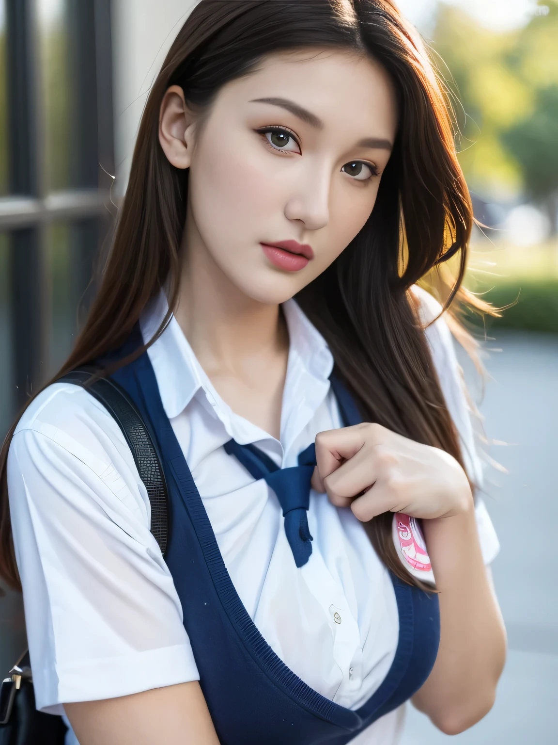 (best quality,4k,highres),ultra-detailed,realistic, naughty pose,cosplay, (school uniform), beauty woman, Bella Hadid, big breast,,vivid colors,portraits,soft lighting