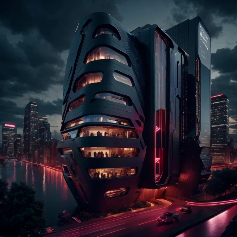 (masterpiece, best quality:1.2), a subject, A building techno fantasy style, (technological aggressive design), cyberpunk, 4K, UHD, (Photorealistic:1.4),Ultra high resolution, masterpiece, ultra realistic, ultra nitide, insane details