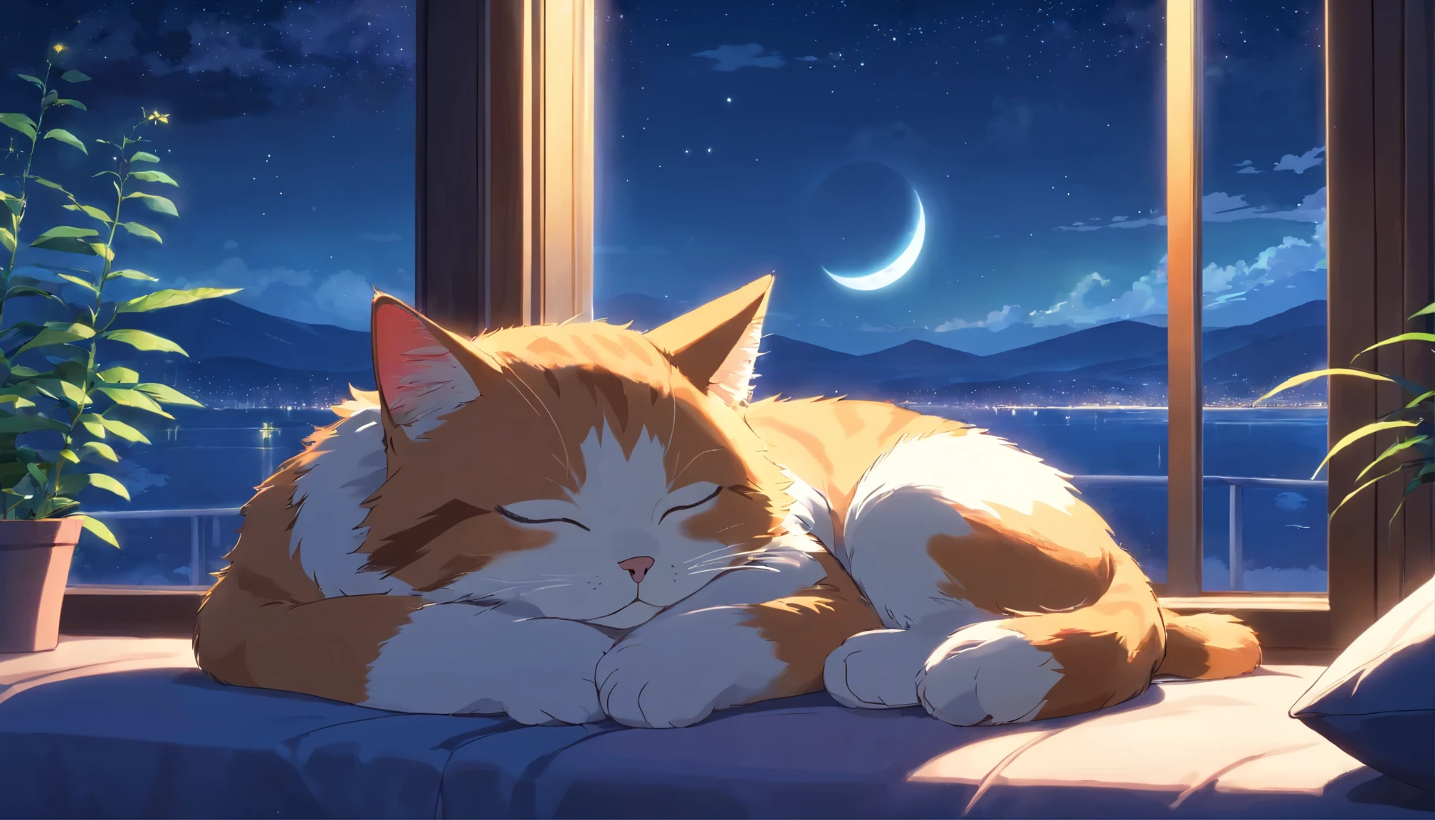 Cute cat sleeping on a pillow ,A window with a beautiful view, Night Sky, star, full moon.