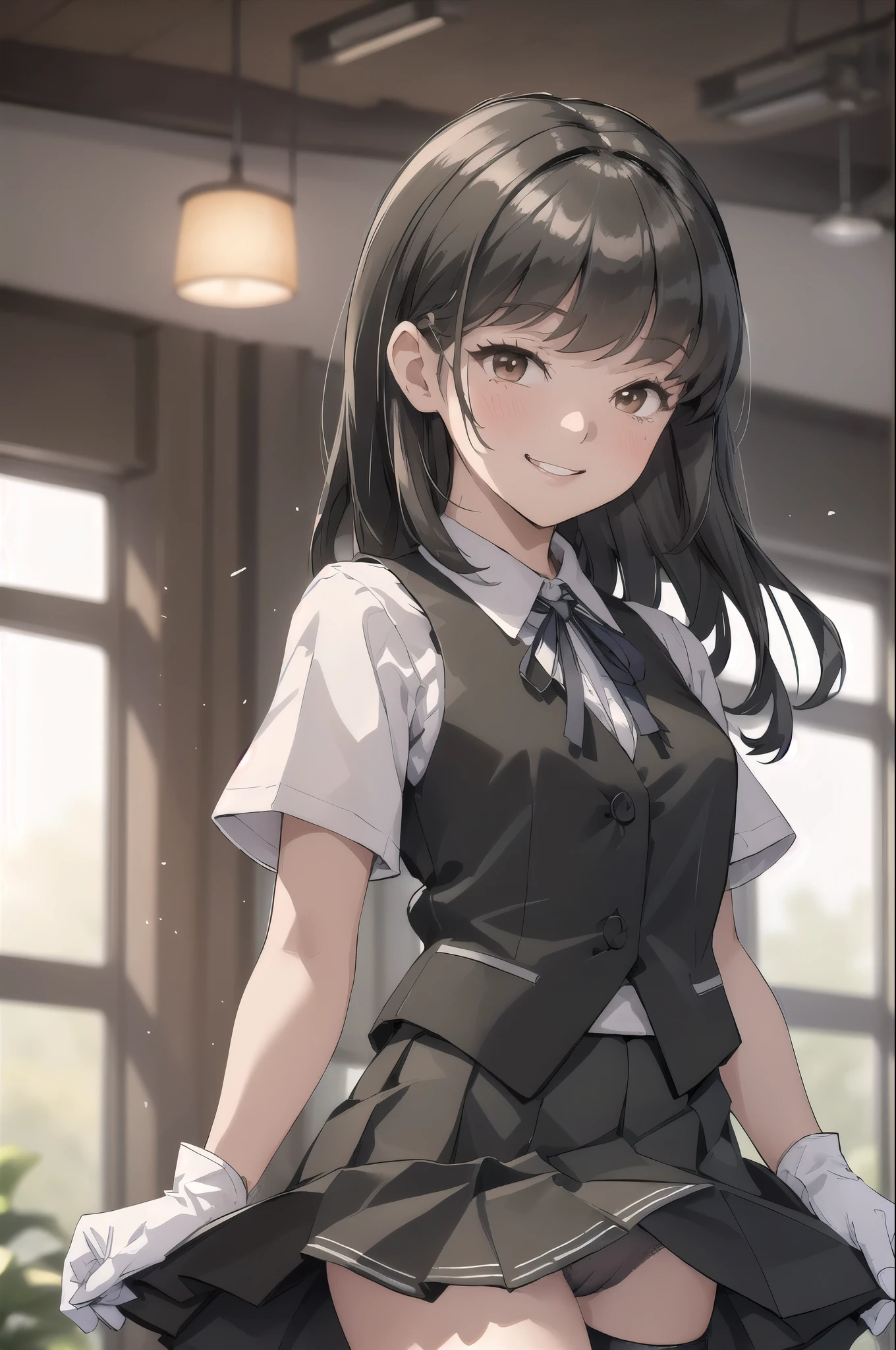 (masterpiece, highest quality:1.2), Cowboy Shot, alone, One Girl, Hayashio, smile, View your audience, Place your arms behind your back, White shirt, Neck ribbon, Short sleeve, Black vest, Black Skirt, White gloves, (indoor, office, living room), (Panty shot)