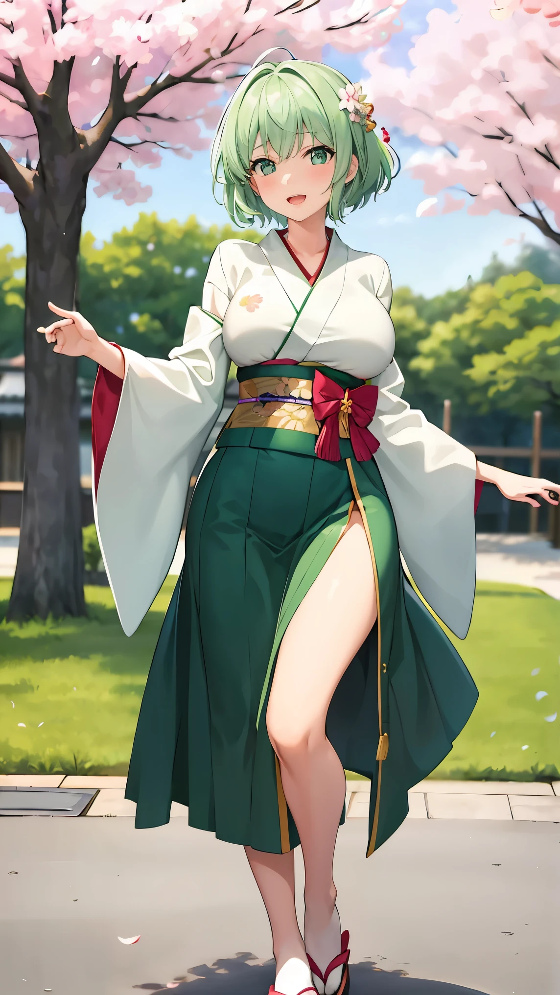 Girl with short green hair, Small breasts, Green Eyes, White Casual Beauty Special、(((tits))),Full body photo from head to toe、Kimono、Patterned Japanese clothing、Cherry tree in full bloom、Fluttering petals、Dance、Dancer、Dancing on stage、